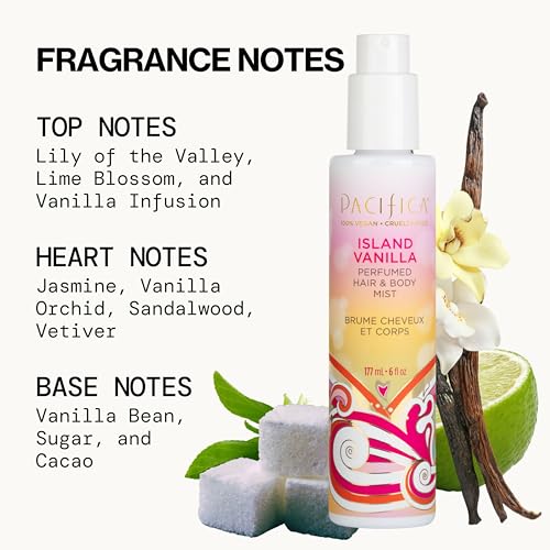 pacificas island vanilla 6oz hair and body mist, paraben-free, no alcohol, vegan and cruelty-free for women
