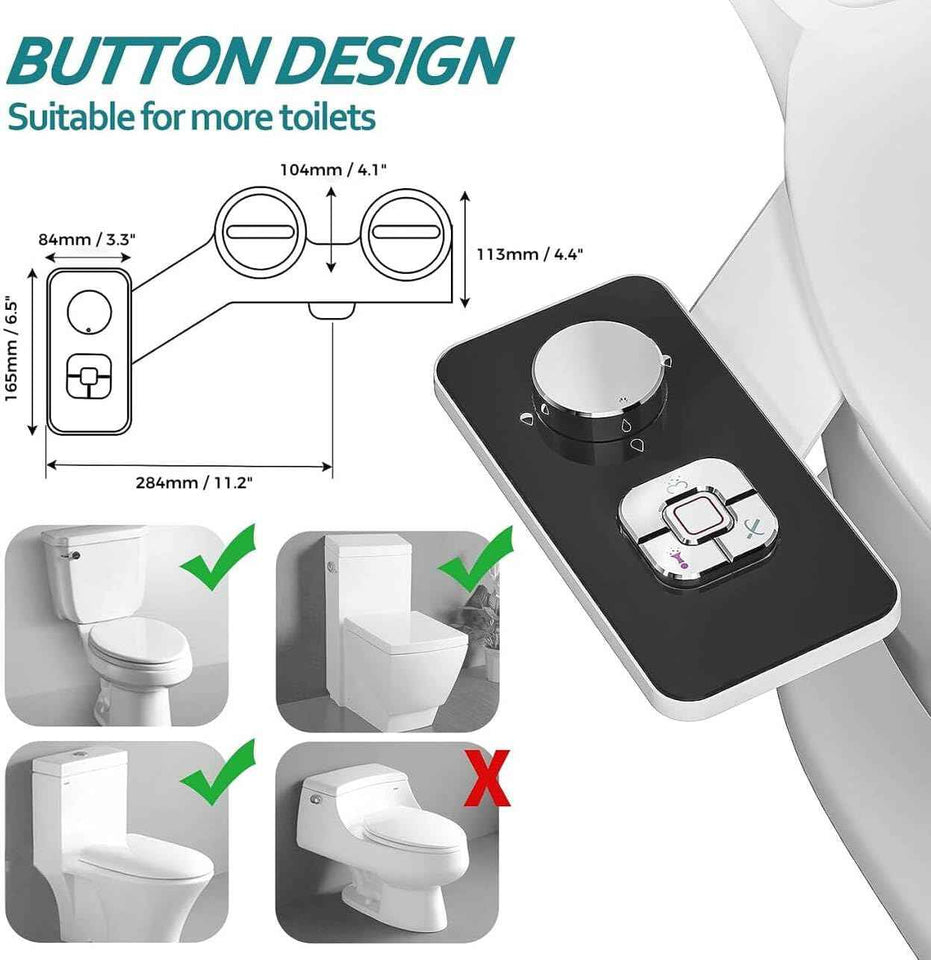 Samodra non-electric cold water bidet toilet seat attachment with pressure controls, retractable nozzles, black finish.