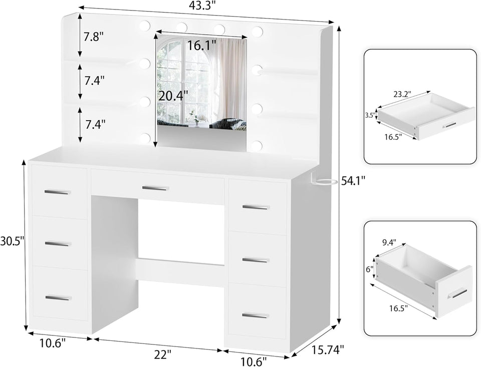 YESHOMY Vanity Desk with Mirror, Power Outlet and 10 Lights, Makeup Table with 7 Drawers, 3 Color Modes Available for Bedroom, White