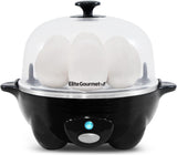 Elite Gourmet EGC-007B# Rapid Egg Cooker, 7 Easy-To-Peel, Hard, Medium, Soft Boiled Eggs, Poacher, Omelet Maker, Auto Shut-Off, Alarm, 16-Recipe Booklet, Black