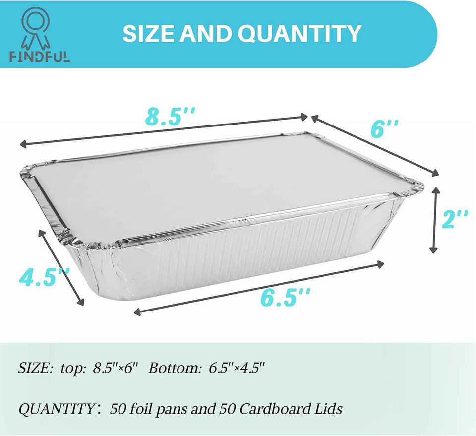 50-Pack Aluminum Foil Pans with Lids, 8.5"×6", 2.25 LB Capacity, Disposable Tin Foil Pans for Baking, Meal Prep and Freezer, Takeout