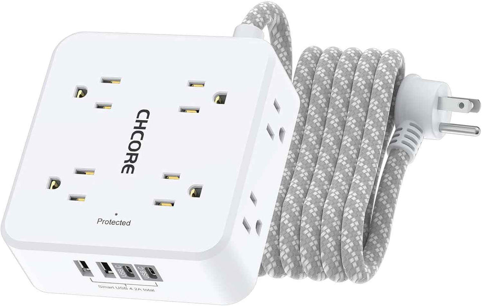 Surge Protector Power Strip - CHCORE 5Ft Braided Extension Cord with 8 Outlets with 4 USB (2 USB C) Charging Ports, Flat Plug Multi Plug Outlet Extender Charging Station for Home Office, ETL, White