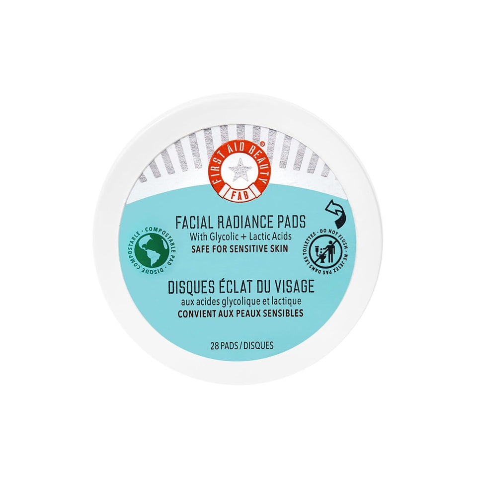 First Aid Beauty facial radiance pads with glycolic lactic acids daily exfoliating pads for sensitive skin compostable one-step makeup prep 28 count