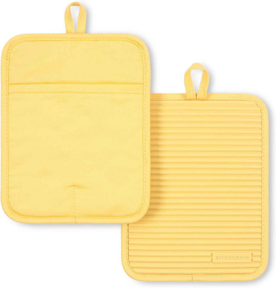 KITCHENAID Ribbed Soft Silicone Pot Holder 2-Pack Set, Matte Black, 7"x9"