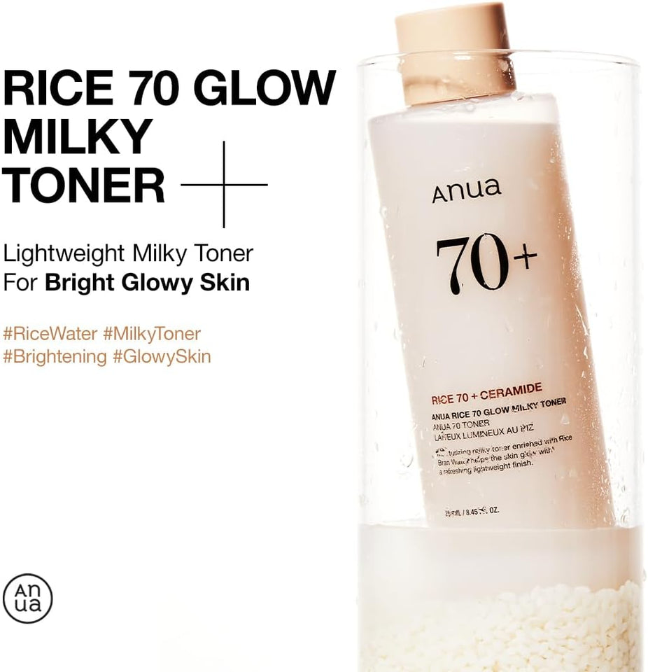 Anua Rice 70 Glow Milky Toner, Glass & Dewy Skin, Hydrating & Barrier Care, Rice Water, Niacinamide, Ceramides, All Skin Types, Fragrance-Free, Non Comedogenic, Korean Skincare, 8.45 fl.oz.