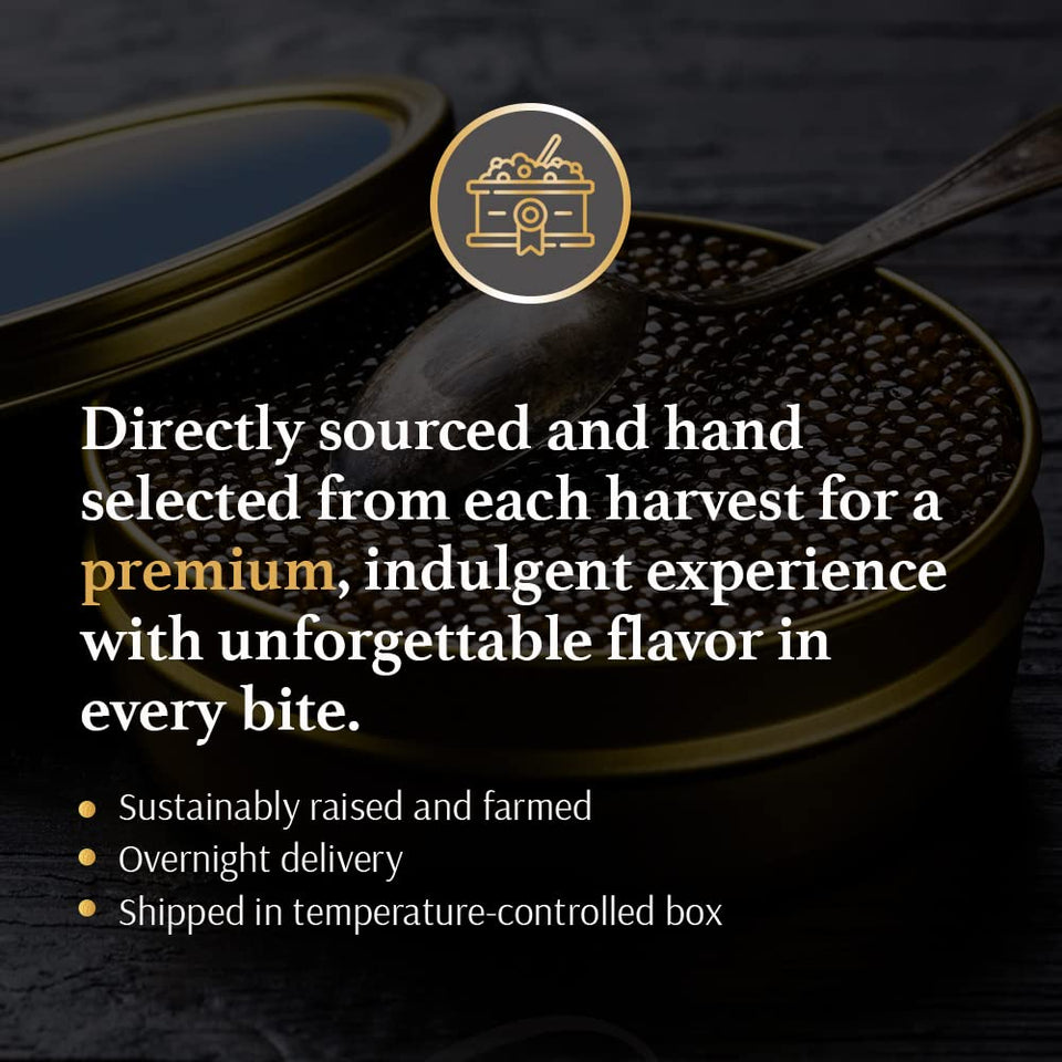 OLMA Caviar Taster Gift Set - 4 oz (112g) of Caviar, Includes 8 Varieties of Caviar Fish Roe (Beluga Hybrid, Osetra, Kaluga Royal, Hackleback, & more), Mini Blinis, Creme Fraiche & Serving Spoon
