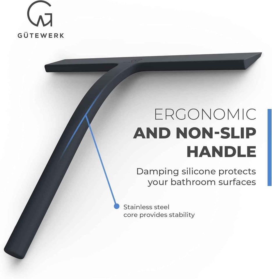 GÜTEWERK 9-Inch Silicone Shower Squeegee, Black with Stainless Steel Core and Soft-Touch Handle