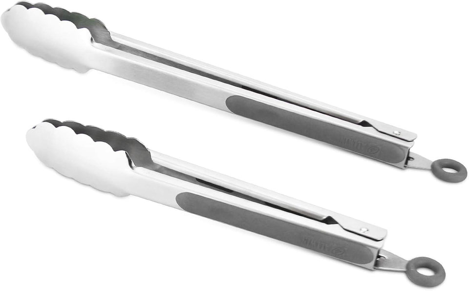 304 Stainless Steel Tongs, 9" and 12" Set, Sturdy Grilling and Barbeque Tongs with Ergonomic Grip, Black