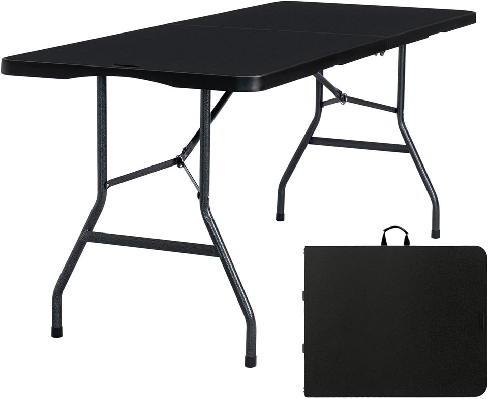 Folding Table 6ft Portable Heavy Duty Plastic Fold-in-Half 6 Foot Foldable Table Utility Dining Indoor Outdoor with Carrying Handle for Camping Picnic and Party, Black