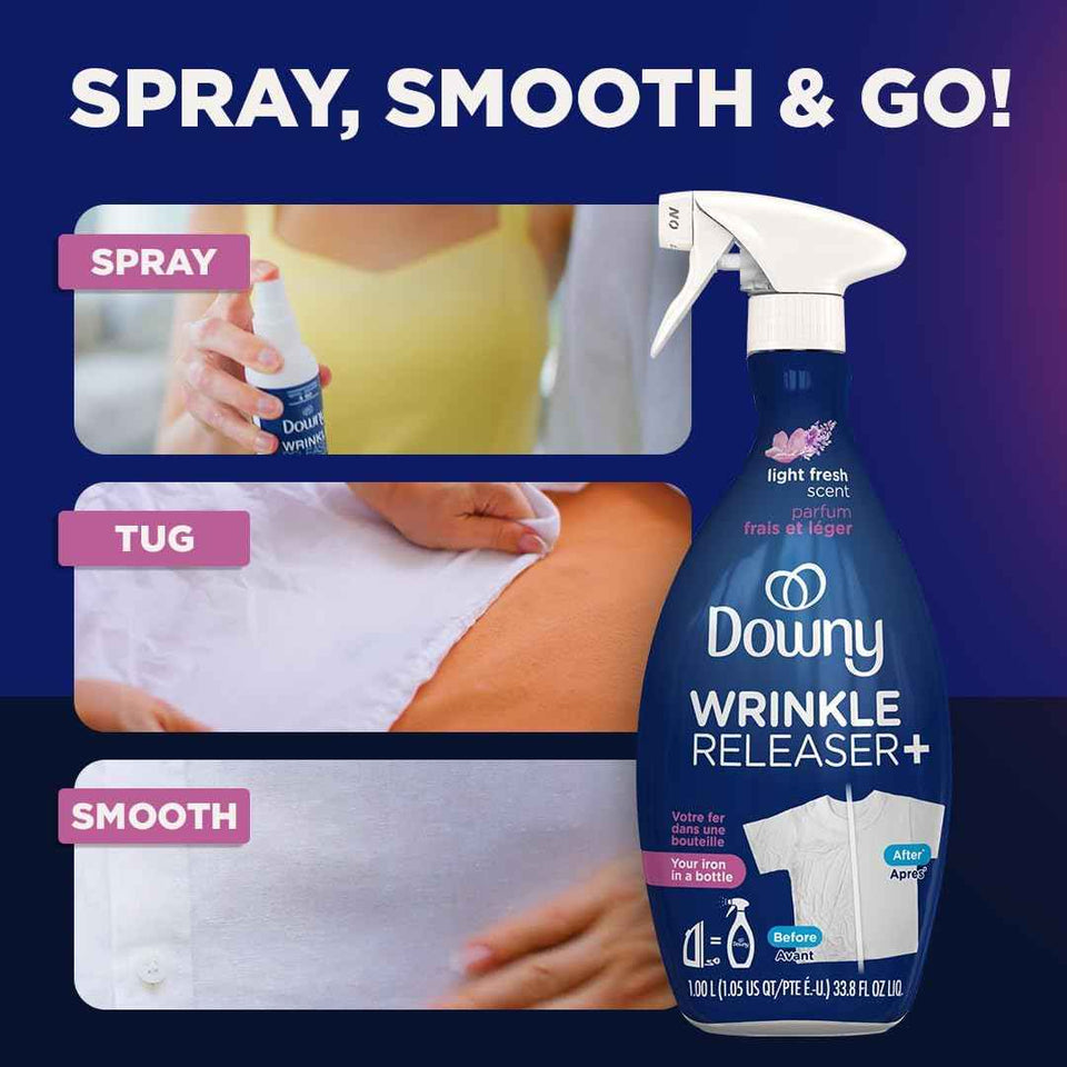 Downy Wrinkle Releaser Spray Travel Size 16.9 Oz Pack of 2 Removes Wrinkles, Static, and Odors
