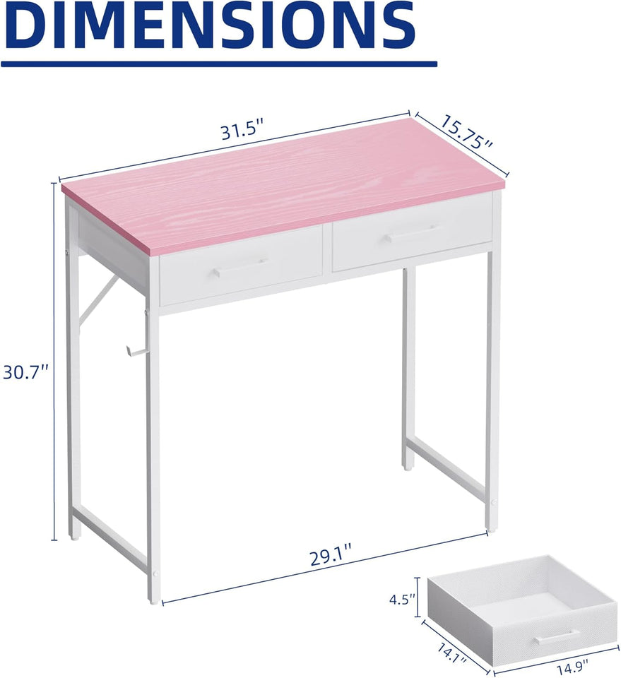 Pamray 32 Inch Small Computer Desk with 2 Drawers for Bedroom Study Writing Home Office Table for Small Spaces Pink