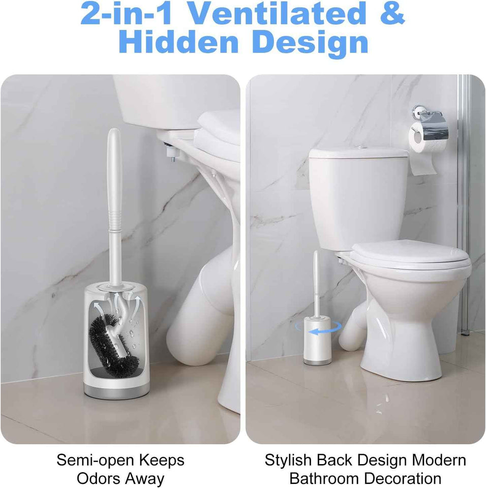 Hamitor Curved Toilet Brush Holder Set with Hidden Scrubber for Small RV Bathroom Accessories - White