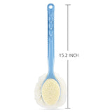 Shower body brush with bristles and loofah for skin exfoliating bath, curved long handle for back and feet, suitable for wet or dry use, men and women, blue