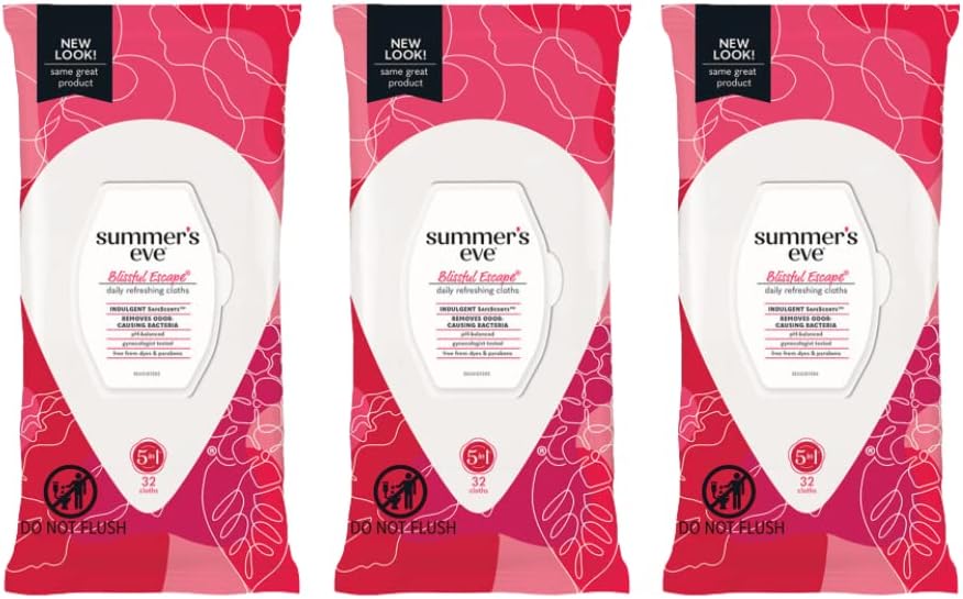 Summer's Eve Simply Sensitive feminine wipes, gentle pH-balanced micellar water formula for vaginal odor control, resealable packs of 32