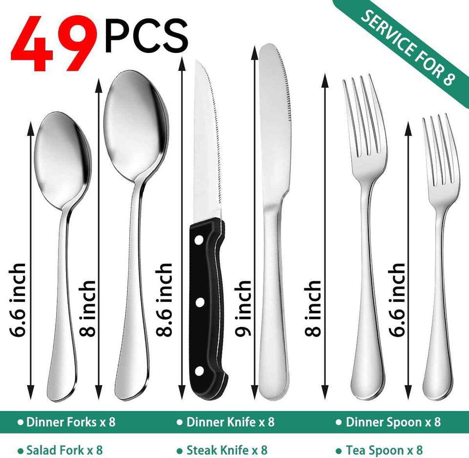 49-Piece Stainless Steel Silverware Set with Cutlery Organizer, Service for 8 with Steak Knives and Kitchen Utensils
