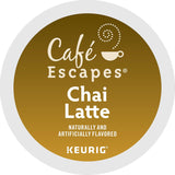 Café Escapes Chai Latte single-serve K-cup pods in 60 count box, low caffeine, contains milk, black tea and spices
