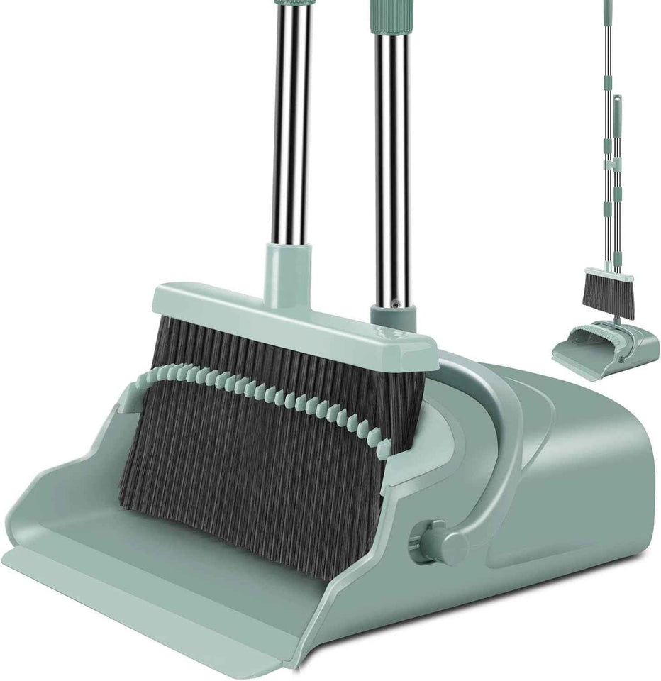 kelamayi Upgrade Broom and Dustpan Set, Self-Cleaning with Dustpan Teeth, Ideal for Dog Cat Pets Home Use, Super Long Handle Upright Stand Up Broom and Dustpan Set (Brown)