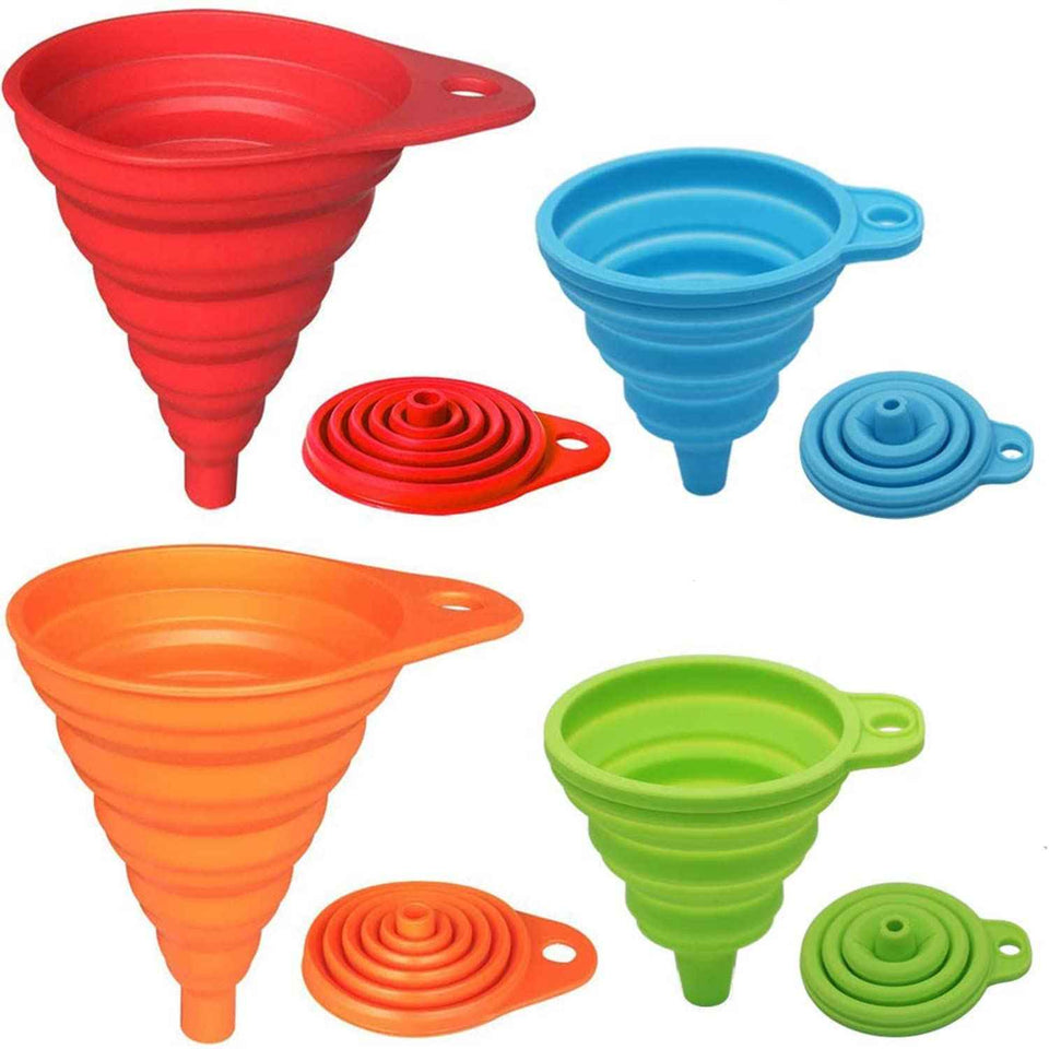 kongnai kitchen funnel set 4 pack, small and large, food-grade silicone collapsible funnels for liquid transfer
