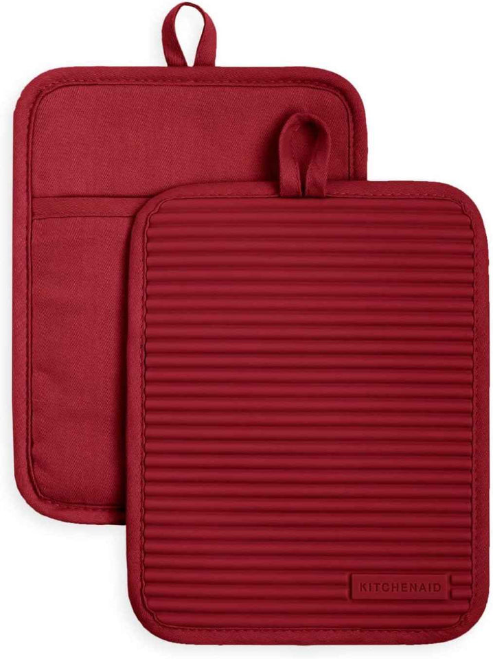 KITCHENAID Ribbed Soft Silicone Pot Holder 2-Pack Set, Matte Black, 7"x9"