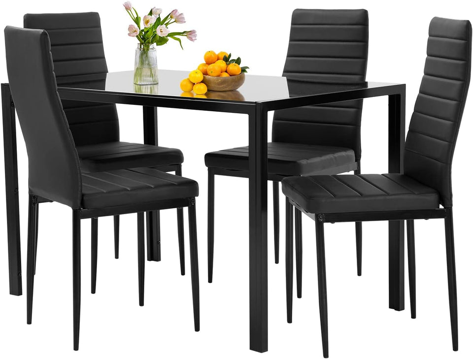 FDW | 5-Piece Dining Table Set | Black | Glass Kitchen Table with 4 Upholstered Chairs and Faux Leather Cushions | Space-Saving and Modern Design | for Dining Room, Easy to Assemble