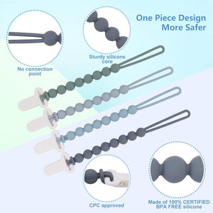 4-Pack Silicone Pacifier Clips with One-Piece Beads for Baby Boys and Girls - Flexible and Rust-Free Holders for Teething Relief and Baby Essentials, Safe for Newborns (Grey)