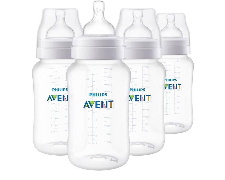 Philips Avent 9oz Anti-Colic Baby Bottle with AirFree Vent, 4pk, Clear, Flow 2 Nipples, 1m+