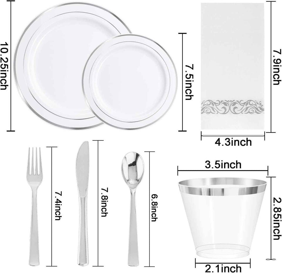 Wellife 700-Piece Silver Plastic Dinnerware Set for 100 Guests, Elegant White and Silver Design
