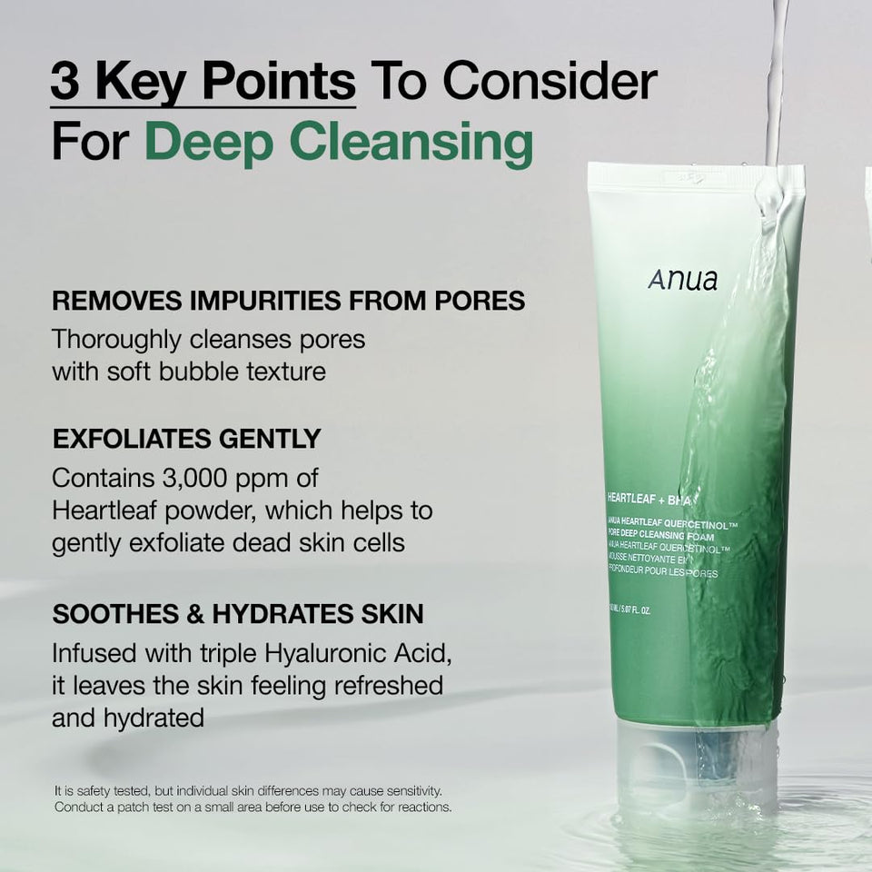 Anua Heartleaf Quercetinol Pore Deep Cleansing Foam, Face wash for Pore Refining Cleanser, Hydrating Daily Facial Cleanser For Double Cleansing, Gentle Foaming with BHA, Korean Skincare, 5.07 fl.oz.