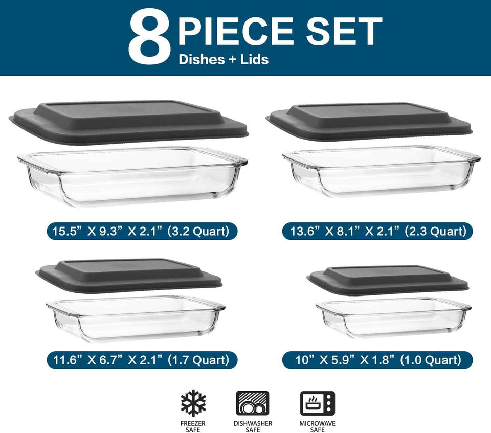 8-piece deep glass baking dish set with plastic lids and gray color