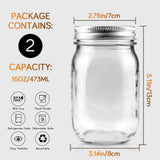 2 Pack Regular Mouth Mason Jars 16oz Glass Canning Jars with Airtight Lids