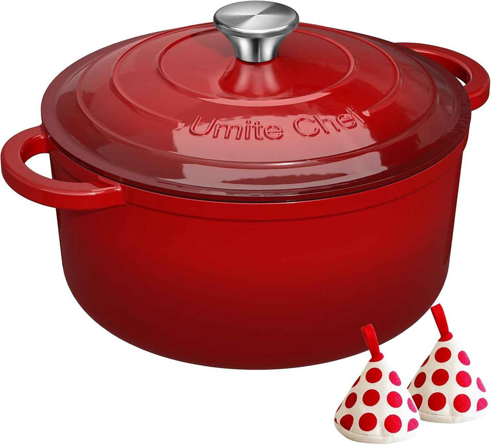 Enameled Cast Iron Dutch Oven - Umite Chef 5QT Pot with Lid & Cotton Potholders - Heavy-Duty Cookware for Bread Baking, Braising, Stews, Roasting(Cream White)