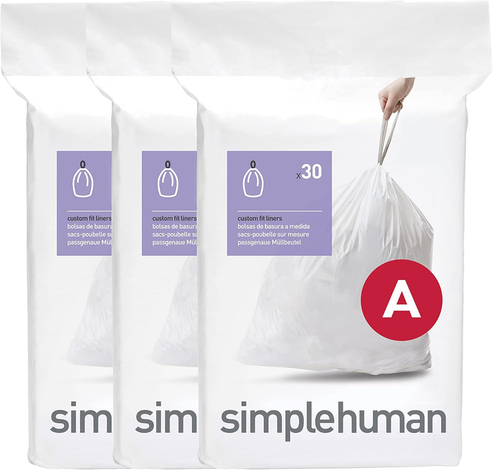 simplehuman Code A 90 Count, Dispenser Pack Custom Fit Liners, Drawstring Trash Bags, 4.5 Liter / 1.2 Gallon, White