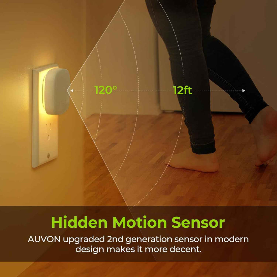 auvon plug-in led backlit night light with motion sensor and dusk to dawn sensor, warm white, adjustable brightness (4 pack)