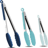 HOTEC Premium 7 & 9 Inch Kitchen Tongs, Stainless Steel Locking Cooking Tongs with Silicone Tips, Non-Scratch & Heat Resistant, Serving Tongs for Salad, BBQ, Classic Blue, Set of 2