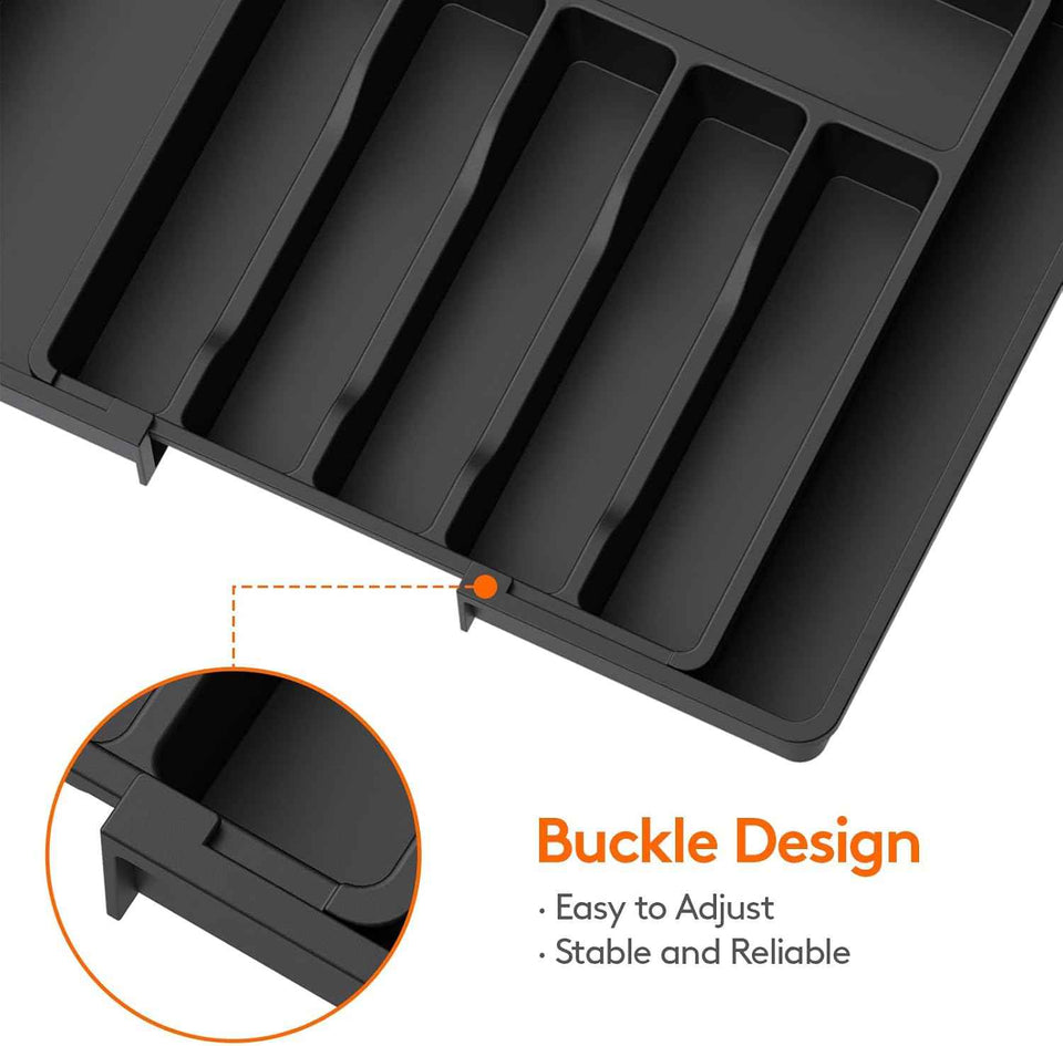 Lifewit Large Silverware Drawer Organizer, Expandable Utensil Tray for Kitchen, BPA Free Flatware and Cutlery Holder, Adjustable Plastic Storage for Spoons Forks Knives, Large, Black