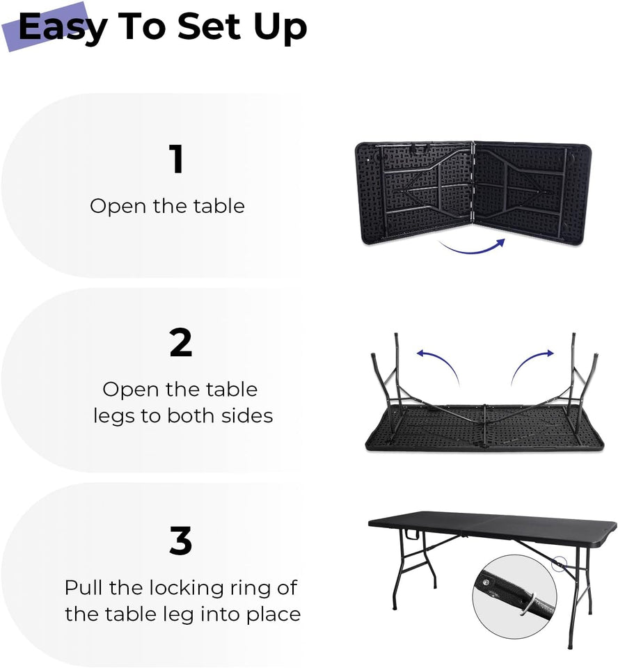 Folding Table 6ft Portable Heavy Duty Plastic Fold-in-Half 6 Foot Foldable Table Utility Dining Indoor Outdoor with Carrying Handle for Camping Picnic and Party, Black