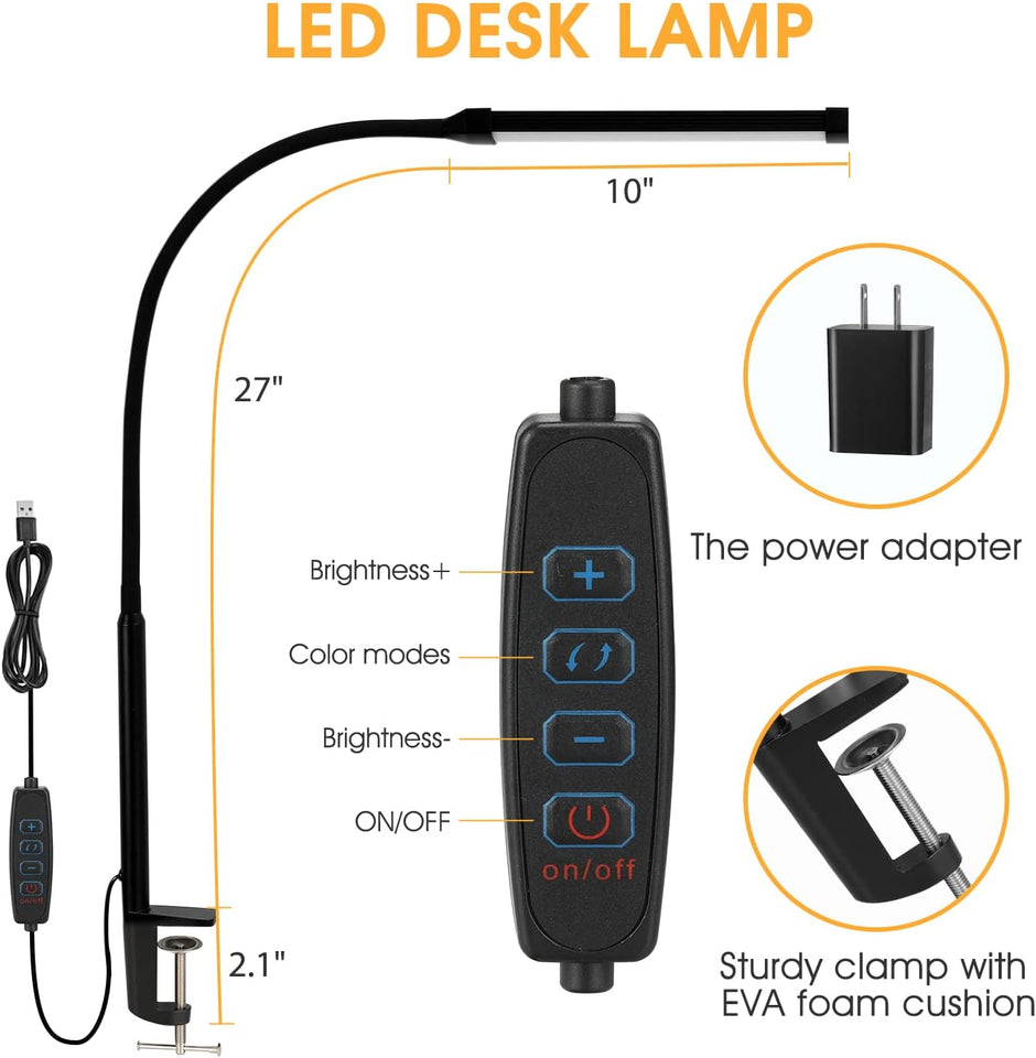 LED Desk Lamp with Clamp, Eye-Caring Clip on Lights for Home Office, 3 Modes 10 Brightness, Long Flexible Goose-Neck, Metal, Swing Arm Architect Task Table Lamps with USB Adapter, Black