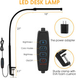 LED Desk Lamp with Clamp, Eye-Caring Clip on Lights for Home Office, 3 Modes 10 Brightness, Long Flexible Goose-Neck, Metal, Swing Arm Architect Task Table Lamps with USB Adapter, Black