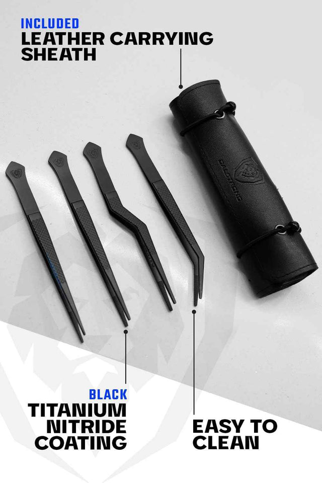 Dalstrong Professional Food Tweezers-Giftable 4pc Set-6.5"-High-Precision Tweezer Tongs-Black Titanium Coating-Plating, Multi-use-304 Stainless Steel-Culinary Fine Use-Metal Kitchen Tongs