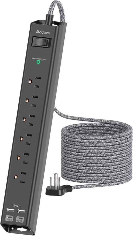 Surge Protector Power Strip - Extension Cord with Addtam 6 AC Outlets 4 USB (2 USB-C Ports), 1875W/15A, Flat Plug with Overload Surge Protection, Outlet Extender for Home Office Dorm Room Essentials