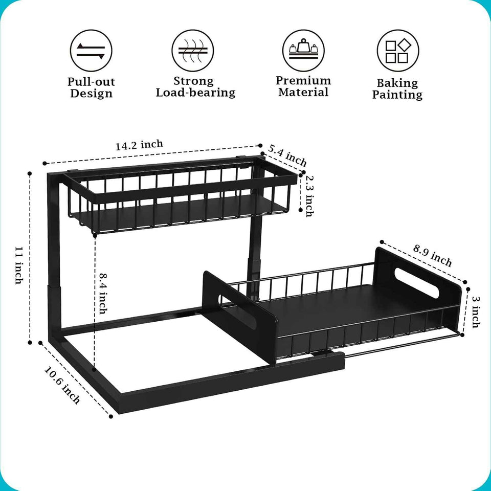 REALINN Black 2-Tier Under Sink Organizer with Pull-Out Cabinet Storage and Slide-Out Shelf, Pack of 1