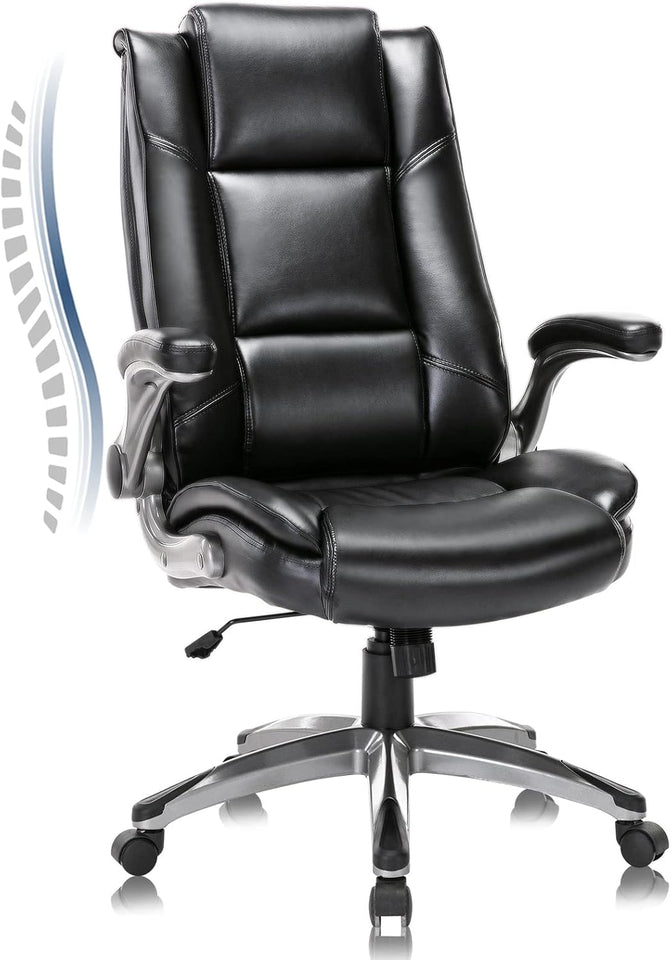 COLAMY Leather Executive Office Chair - High Back Home Computer Desk Chair with Padded Flip-up Arms, Adjustable Tilt Lock, Swivel Rolling Ergonomic Chair for Adult Working Study, Black