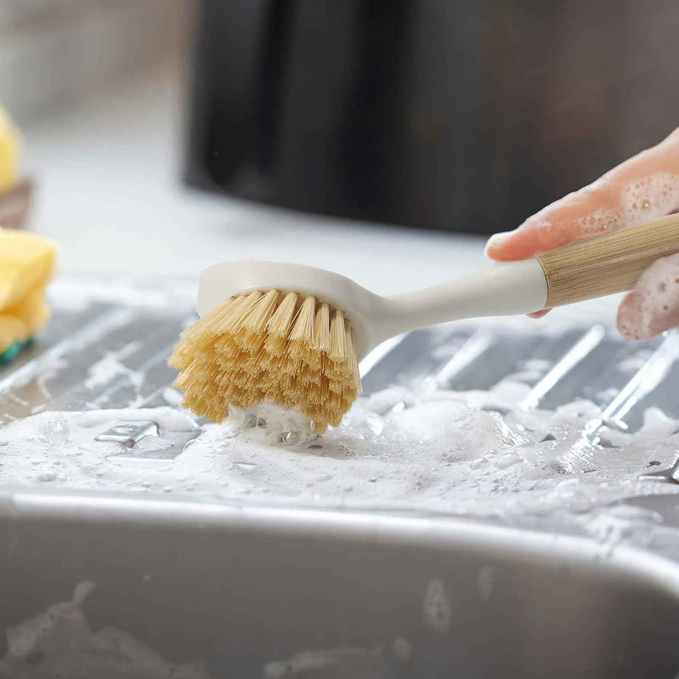 Bamboo Dish Scrubber Brush Set - 4 Pack with Built-in Scraper for Pots, Sinks
