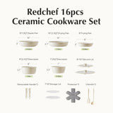 Redchef 16-piece ceramic non-stick cookware set, PFAS PFOA & PTFE free, RV camping, dishwasher oven safe