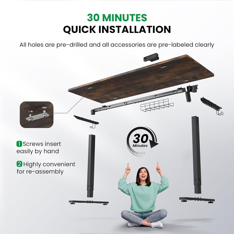 SIAGO Electric Standing Desk Adjustable - 63 x 24 Inch Sit Stand up Desk with Cable Management - 3 Memory Preset Adjustable Height Table