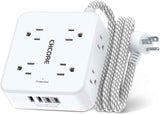 CHCORE 5Ft braided extension cord surge protector with 8 outlets and 4 usb charging ports, 2 usb c, flat plug, white