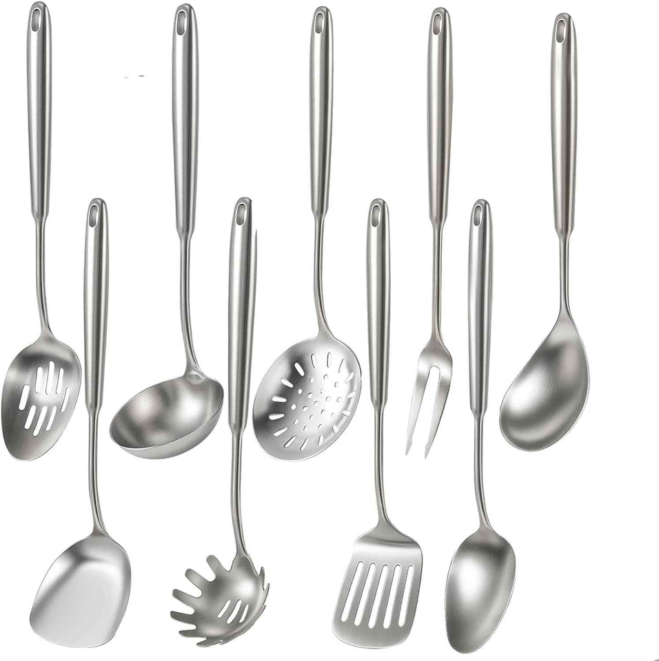 Newness 16 Pcs Cooking Utensils Set, 304 Stainless Steel Kitchen Utensils Set, Metal Kitchen Accessories, Include Soup Ladle, Slotted Skimmer Spoon, Spaghetti Spoon and Spatula, Dishwasher Safe