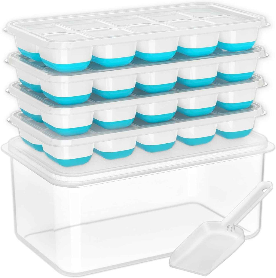 DOQAUS Silicone Ice Cube Trays with Lid & Bin, 4-Pack - Stackable Storage for RV, Soup, Food, Cocktail, Coffee