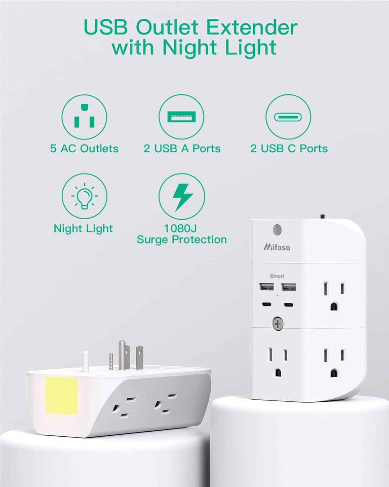 Surge Protector Outlet Extender - with Night Light, 5-Outlet Splitter and 4 USB Ports (2 USB C Charger), Multi Plug Outlet for Home, Dorm Room Essentials