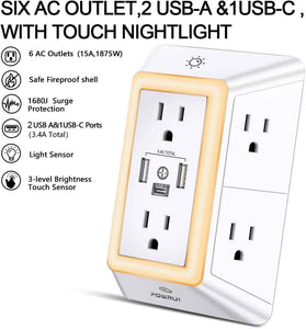 powrui 6 outlet surge protector extender with 3 usb ports white 1 usb c night light